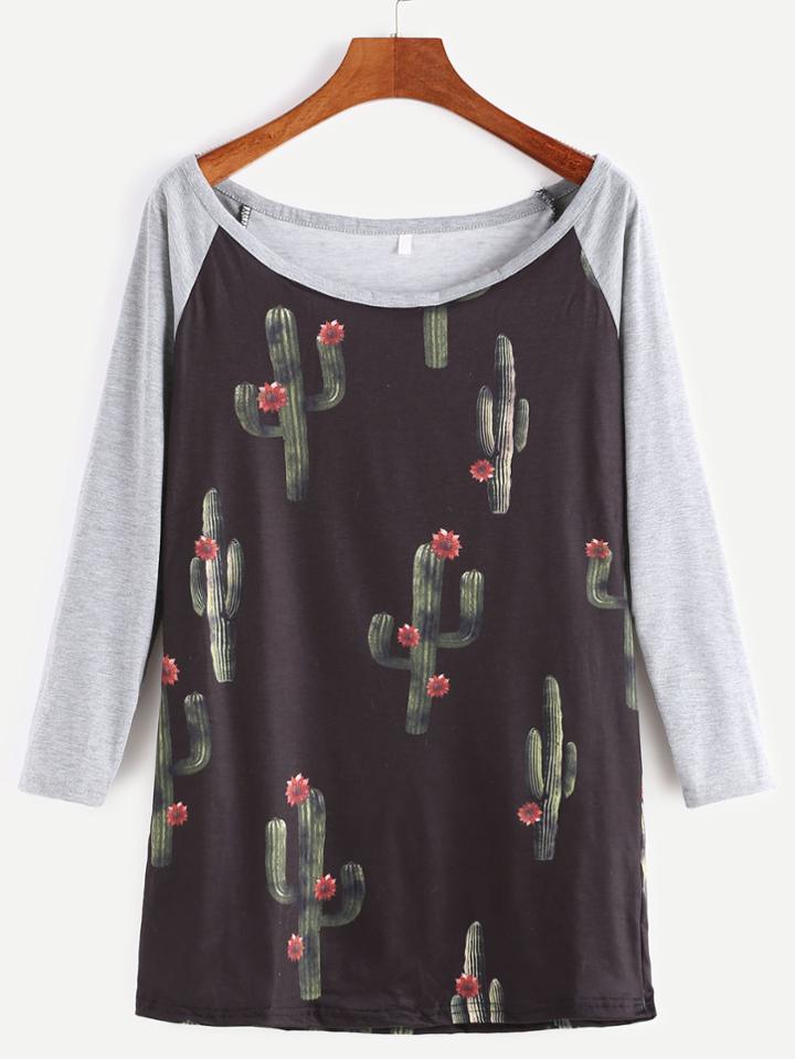 Shein Contrast Raglan Sleeve Cactaceae Print T-shirt