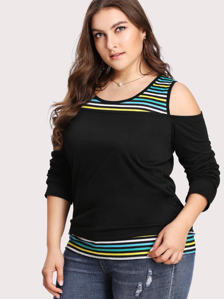 Shein Open Shoulder Contrast Stripe 2 In 1 Tee
