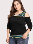 Shein Open Shoulder Contrast Stripe 2 In 1 Tee