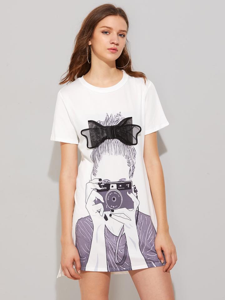 Shein Girl Print Bow Detailed Dip Hem Tee Dress