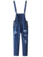 Shein Blue Buttons Pockets Ripped Hole Denim Jumpsuit
