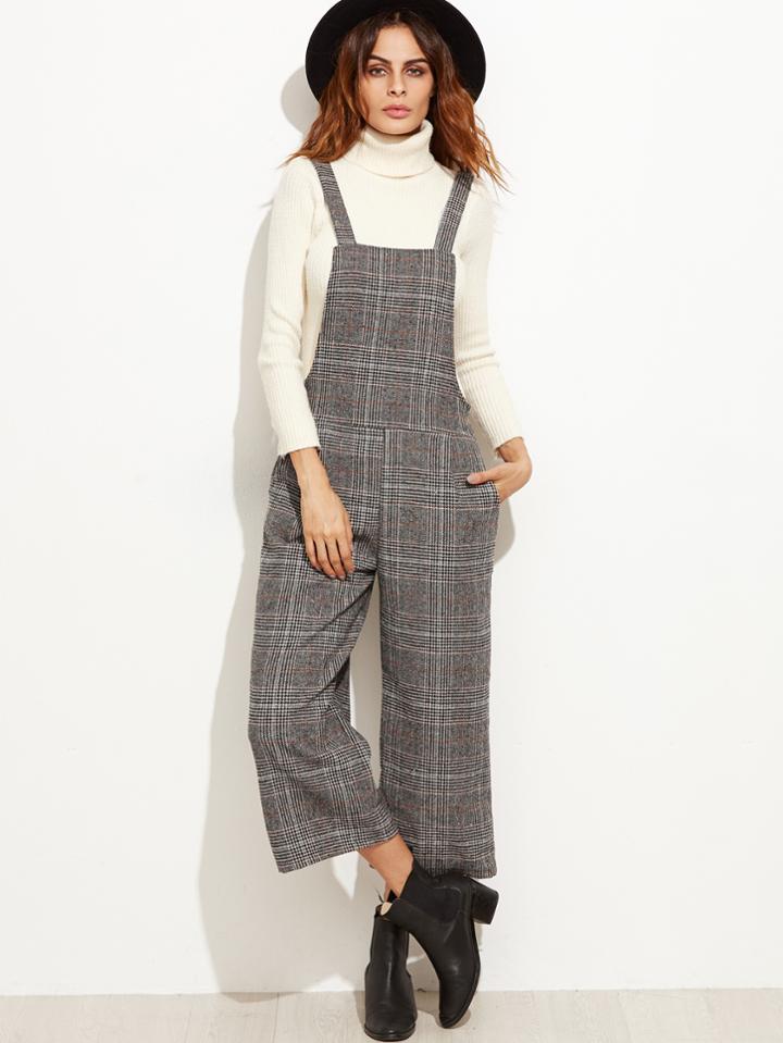 Shein Grey Glen Plaid Wide Leg Overall Jumpsuit