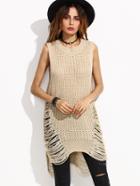 Shein Apricot Ripped High Low Sleeveless Sweater