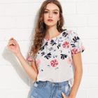 Shein Flower Embroidered Keyhole Back Top