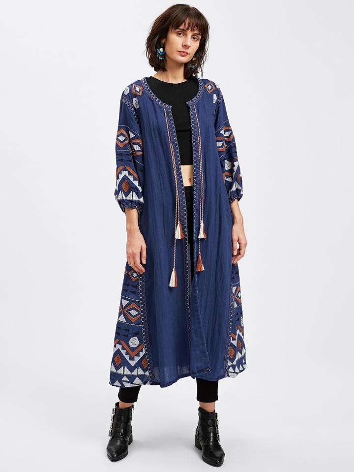 Shein Geo Embroidered Fringe Tie Elastic Cuff Long Outerwear