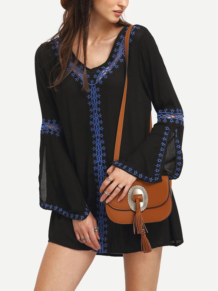 Shein Black V Neck Bell Sleeve Embroidered Dress