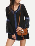 Shein Black V Neck Bell Sleeve Embroidered Dress