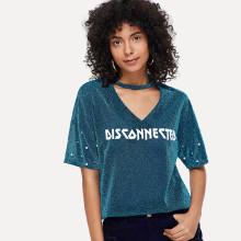 Shein Choker Neck Pearl Beading Glitter Tee