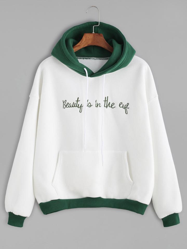 Shein Color Block Slogan Embroidered Hooded Sweatshirt
