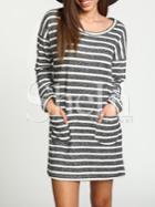 Shein Grey Tees Banded Long Sleeve Chambray Stripy Fringes Stria Striped Pockets Dress