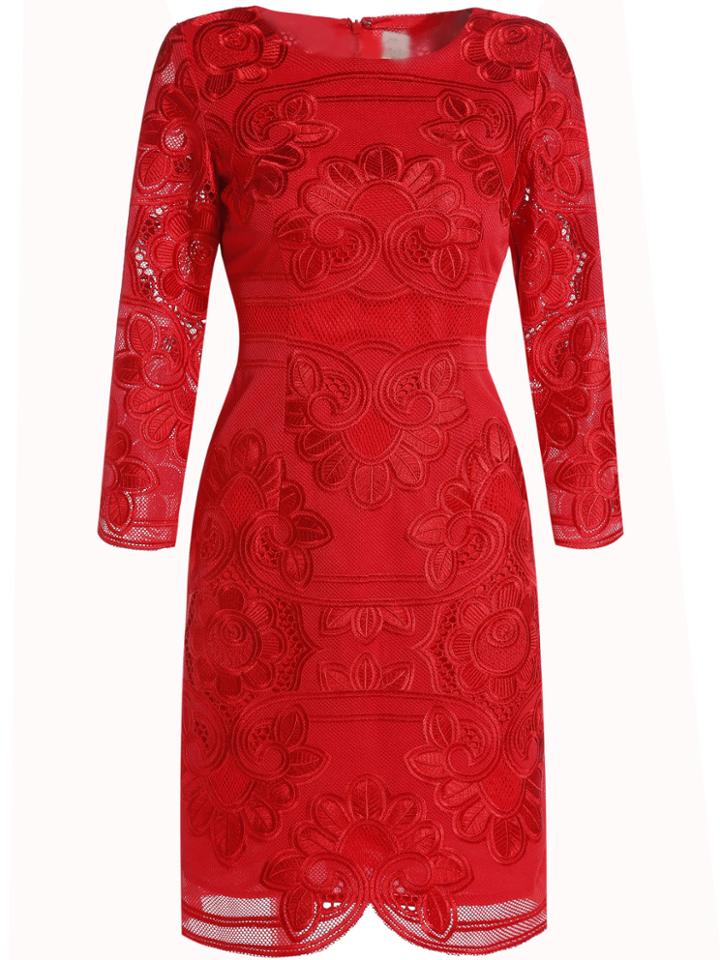Shein Red Round Neck Length Sleeve Embroidered Dress