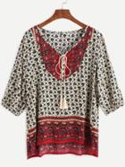 Shein Floral Print Tie Neck Button Front Fringe Blouse