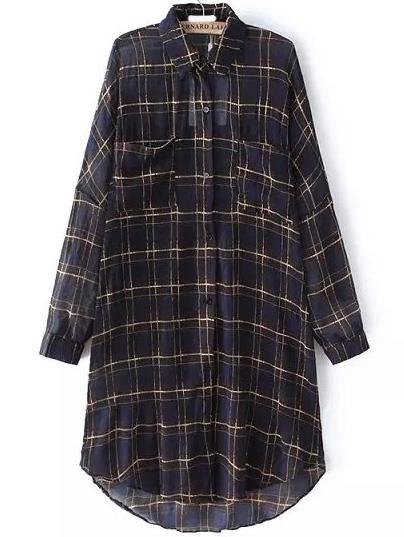 Shein Navy Long Sleeve Plaid Ruched Pockets Shirt Dress