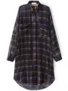 Shein Navy Long Sleeve Plaid Ruched Pockets Shirt Dress