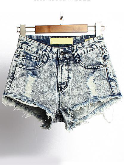 Shein Blue High Waist Fringe Ripped Denim Shorts
