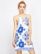 Shein China Print Tasseled Tie Crochet Insert Dress
