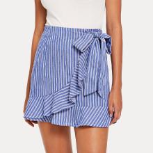 Shein Ruffle Trim Knot Front Striped Wrap Skirt