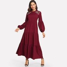 Shein Symmetric Floral Embroidered Lantern Sleeve Hijab Dress