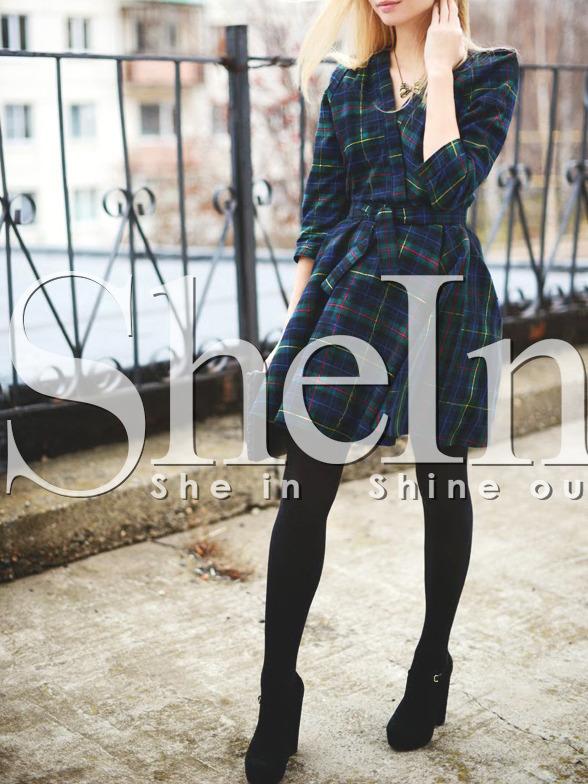 Shein Dark Green Long Sleeve Plaid Dress