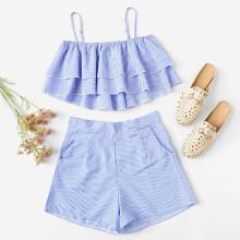 Shein Tiered Ruffle Pinstriped Cami Top With Shorts