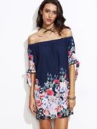 Shein Floral Print Off The Shoulder Tie Cuff Shift Dress