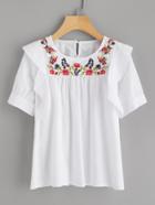 Shein Frill Trim Embroidery Blouse