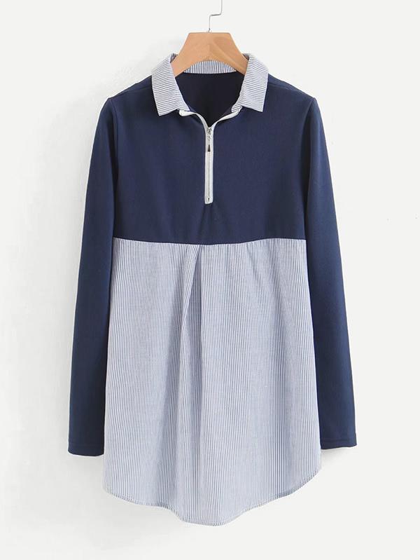 Shein Contrast Panel High Low Striped Blouse