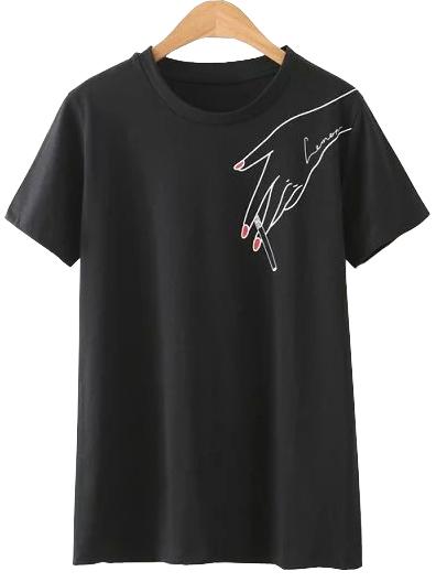 Shein Black Hand Cigarette Printed Casual T-shirt