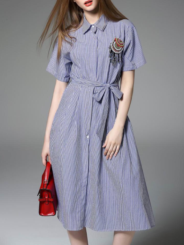 Shein Blue Lapel Beading Tie-waist Striped Dress