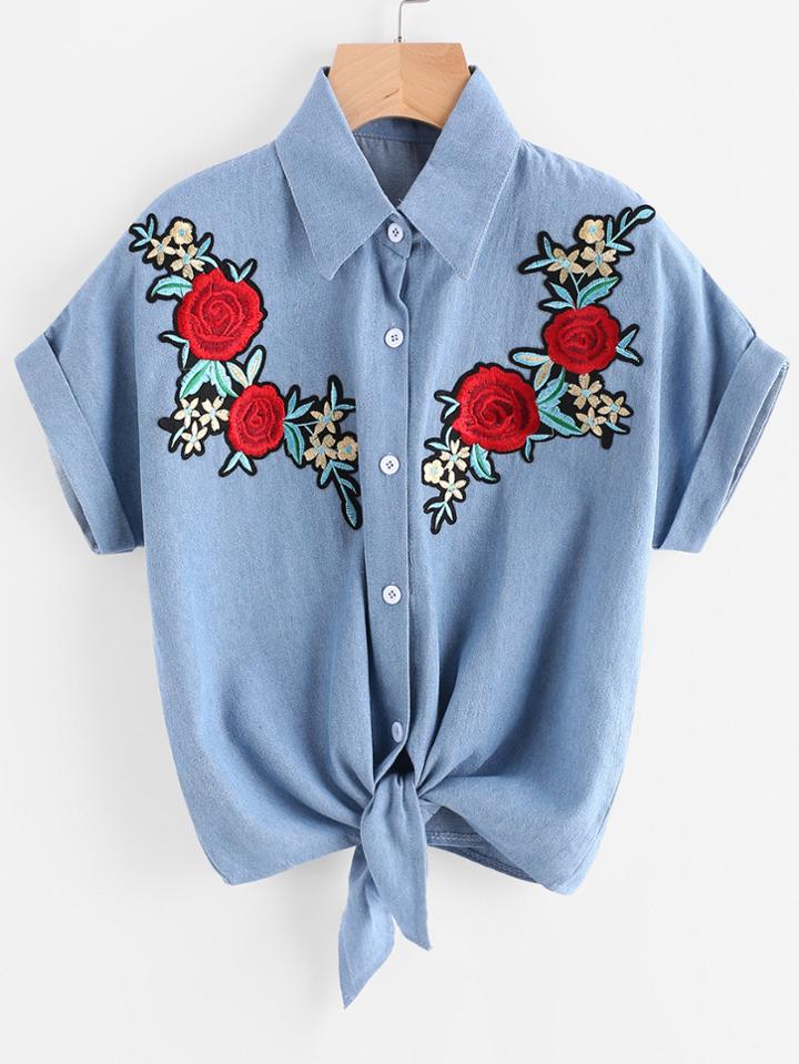 Shein Floral Embroidered Patch Knot Front Cuffed Chambray Shirt