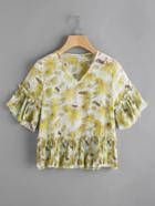 Shein Leaves Print V-neckline Blouse With Pleated Frill
