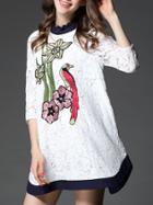 Shein White Embroidered Sequined Shift Lace Dress