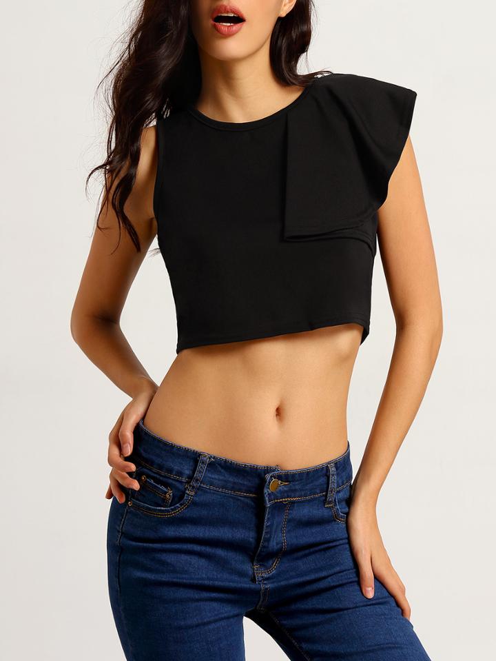 Shein Black Round Neck Ruffle Crop T-shirt