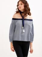 Shein Navy Pincheck Off The Shoulder Top With Choker