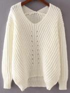 Shein White V Neck High Low Sweater