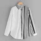 Shein Color Block Striped Collar Blouse