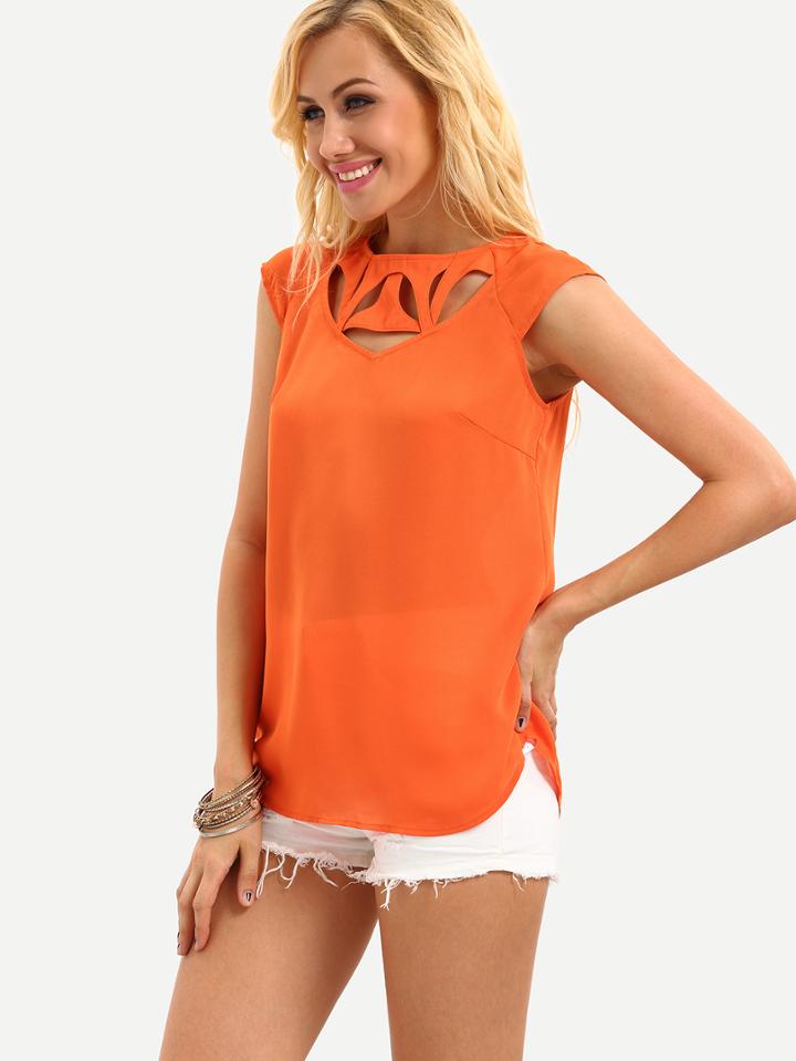 Shein Orange Cap Sleeve Cutout Blouse