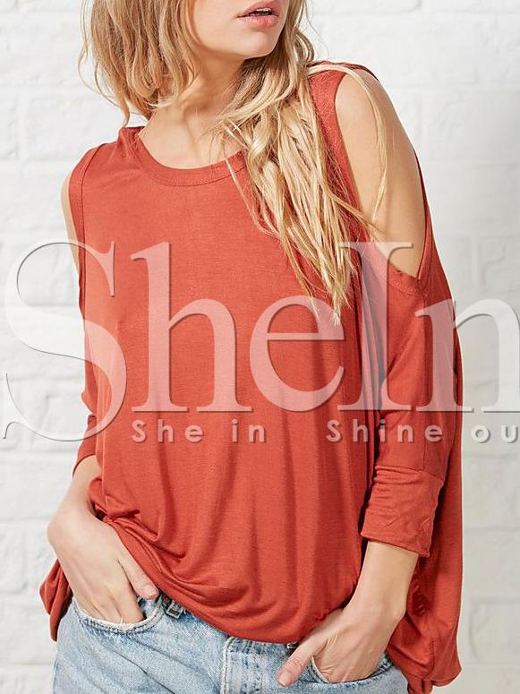 Shein Orange Long Sleeve Cold Shoulder T-shirt