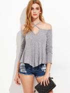 Shein Open Shoulder Criss Cross Marled Knit T-shirt