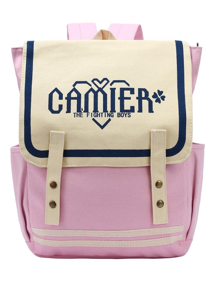 Shein Pink Letter Print Canvas Flap Backpack