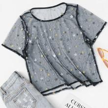 Shein Sheer Mesh Star Print Top