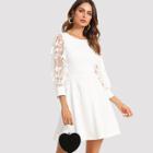 Shein Embroidered Mesh Bishop Sleeve Fit & Flare Dress