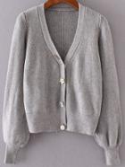 Shein Grey Puff Sleeve Cardigan With Pearl Button