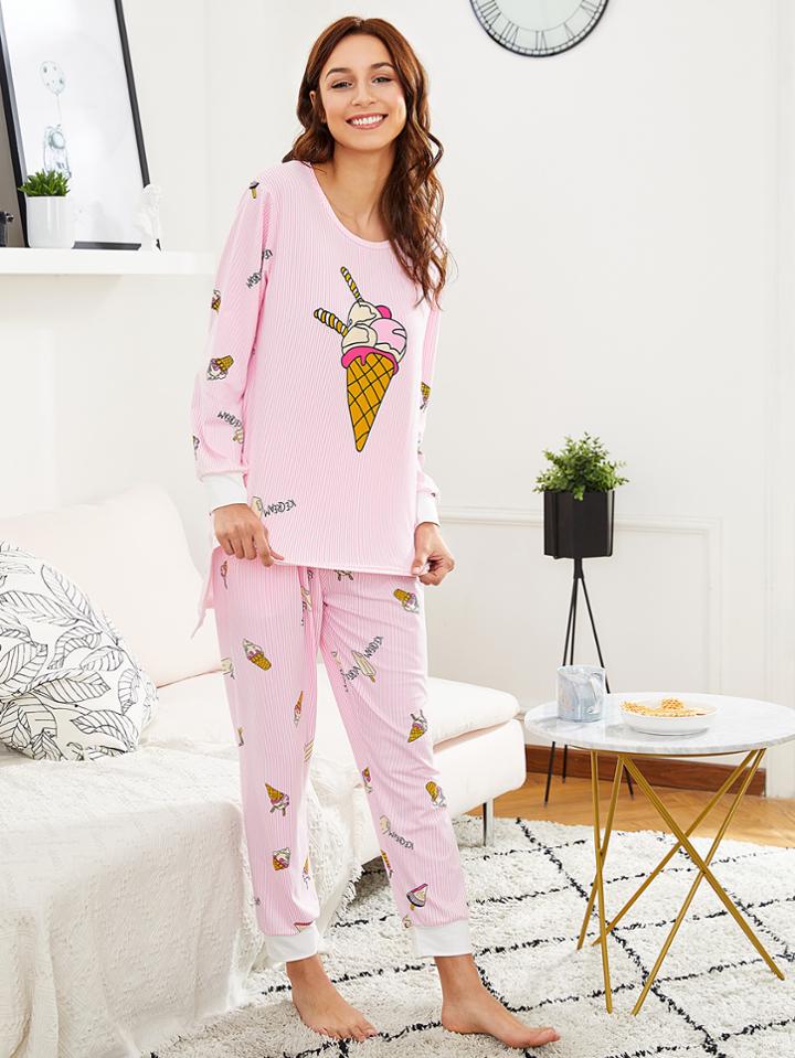Shein Ice Cream Print Tee & Pants Pj Set