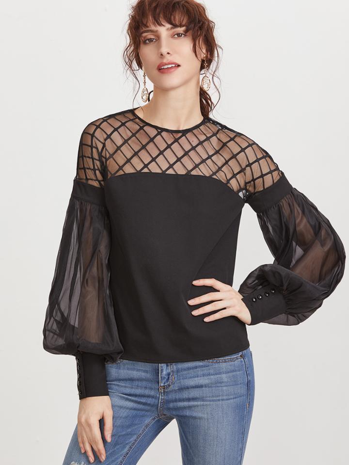 Shein Black Grid Mesh Shoulder Bishop Sleeve Top