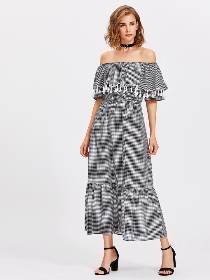 Shein Flounce Layered Neckline Tassel Trim Gingham Dress