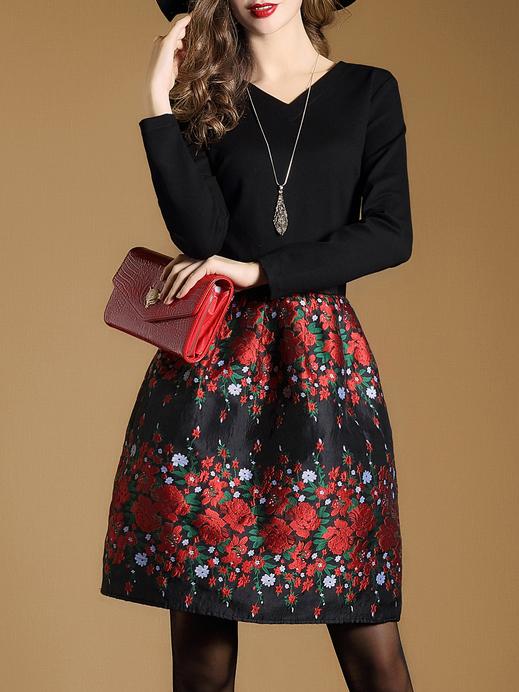 Shein Black V Neck Flowers Jacquard Dress
