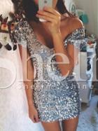Shein Silver Cap Sleeve V Neck Sequined Bodycon Dress
