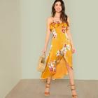 Shein Layered Flounce Lace Up Back Floral Wrap Dress