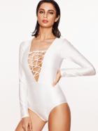 Shein White Criss Cross V Neck Long Sleeve One-piece Swimwear